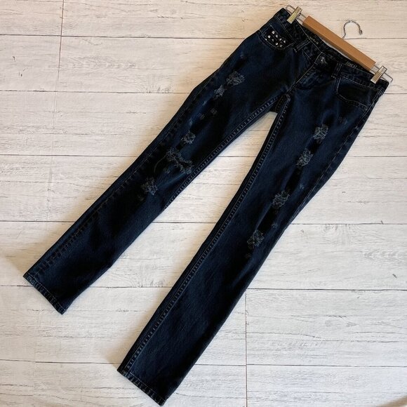 Obey Propaganda Jeans SZ 28X34 Blackish Blue Debbie Fit Low Waist Skinny Studs - Picture 3 of 14